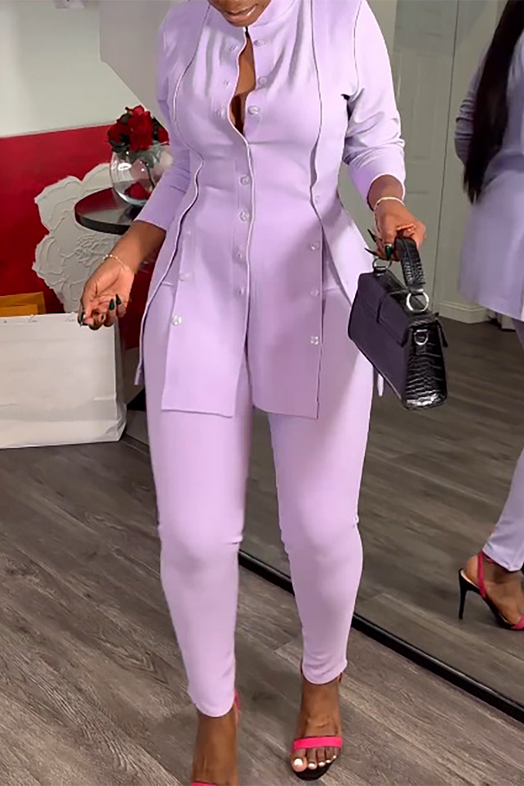 Long Sleeve Stand Collar Button-Down Slit Top Legging Pants Matching Set-Purple