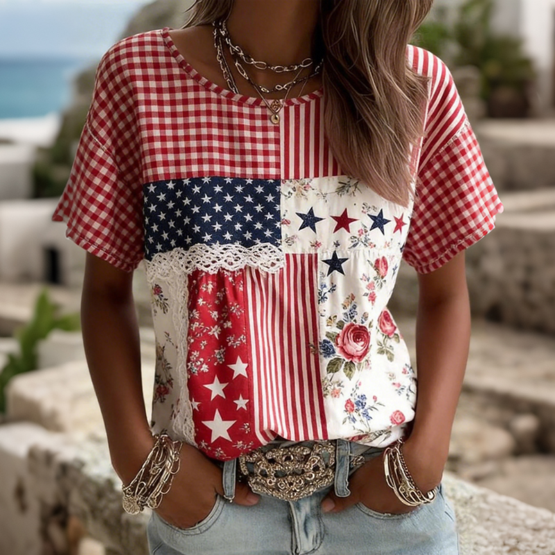 Comstylish Women's Usa Inspired Floral Linen Blend T-shirt