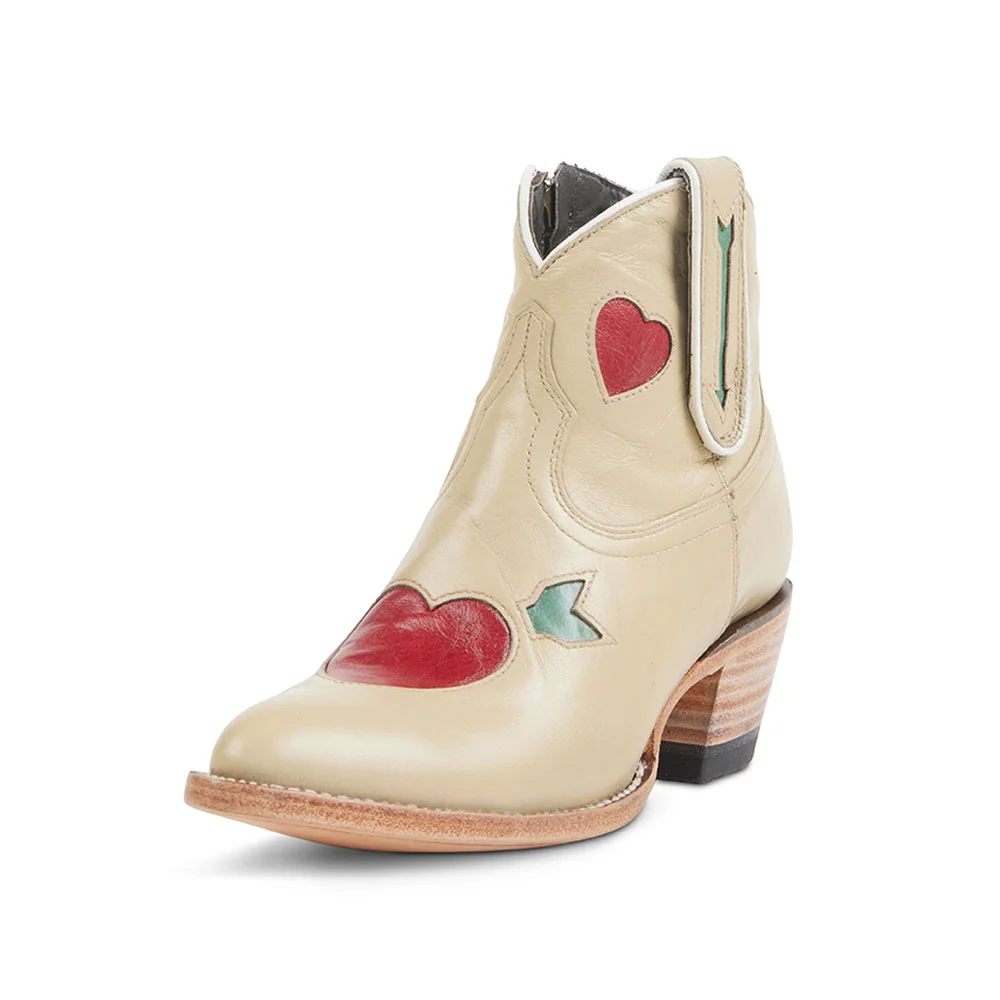 Beige Heart Inlay Closed-Toe Stacked Heel Cowboy Boots for Women