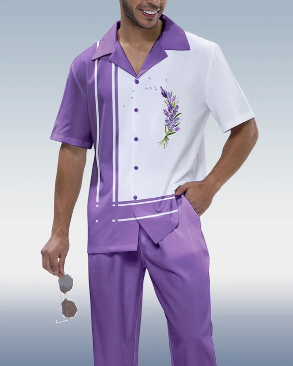 Suitmens Men's Purple Paneled Lavender Short Sleeve Shirt Walking Set 477