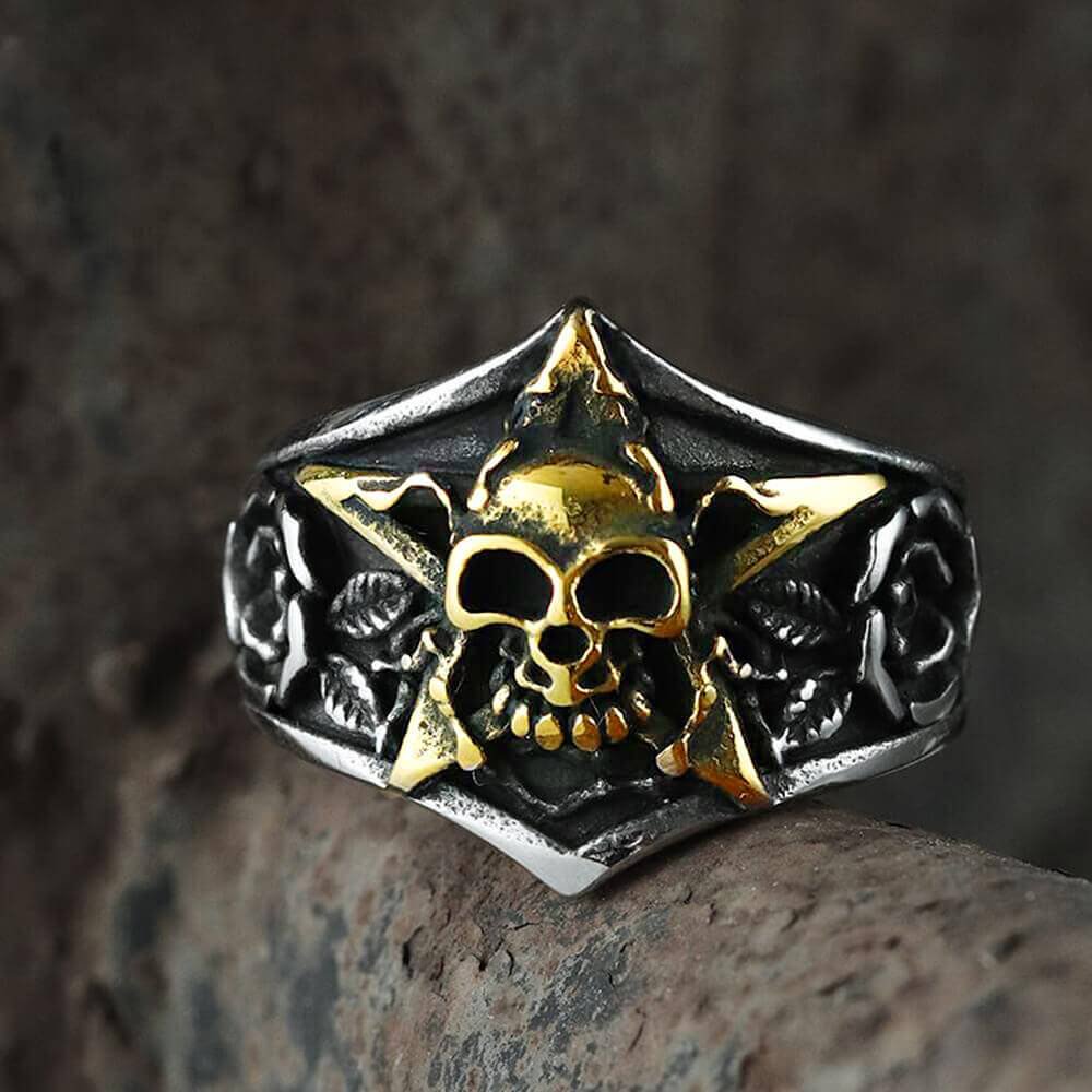 Vintage Rose Pentagram Stainless Steel Skull Ring