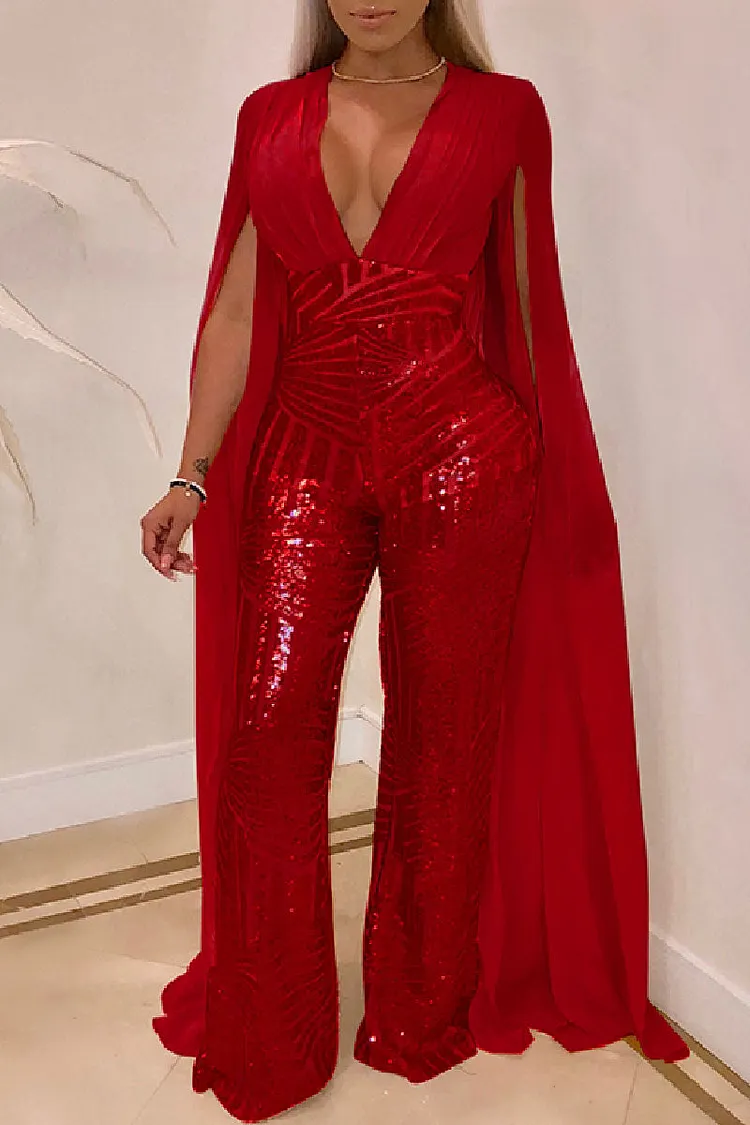 Sexy Patchwork Embroidered Sequins Backless V Neck Skinny Jumpsuits