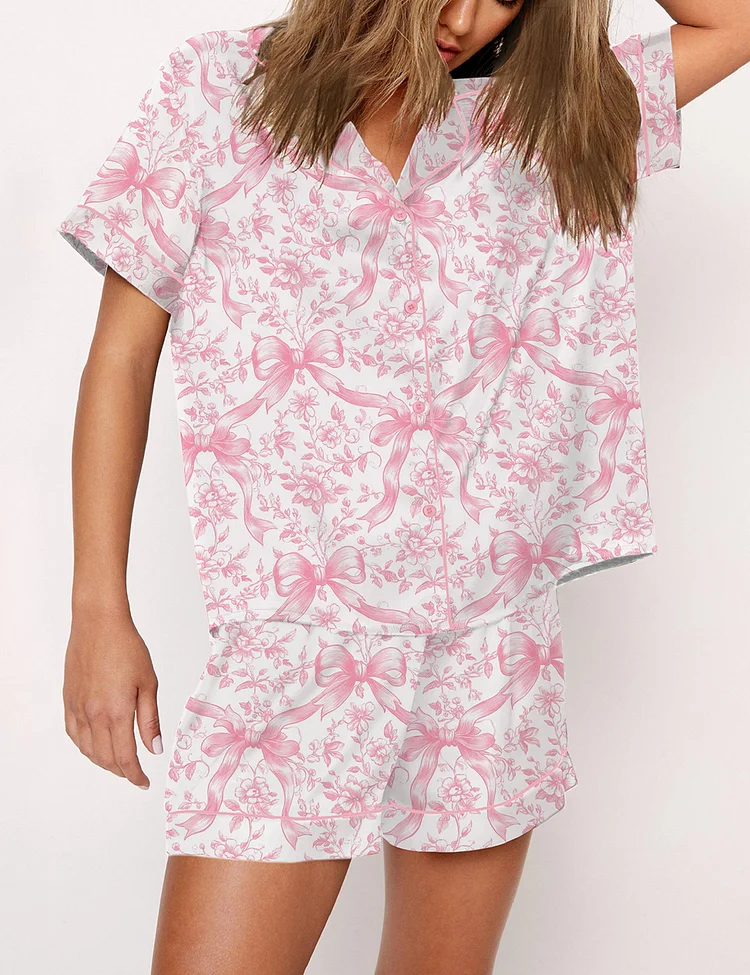 Women’s Pink Coquette Bows Floral Pattern Short Sleeve Satin Pajama Set