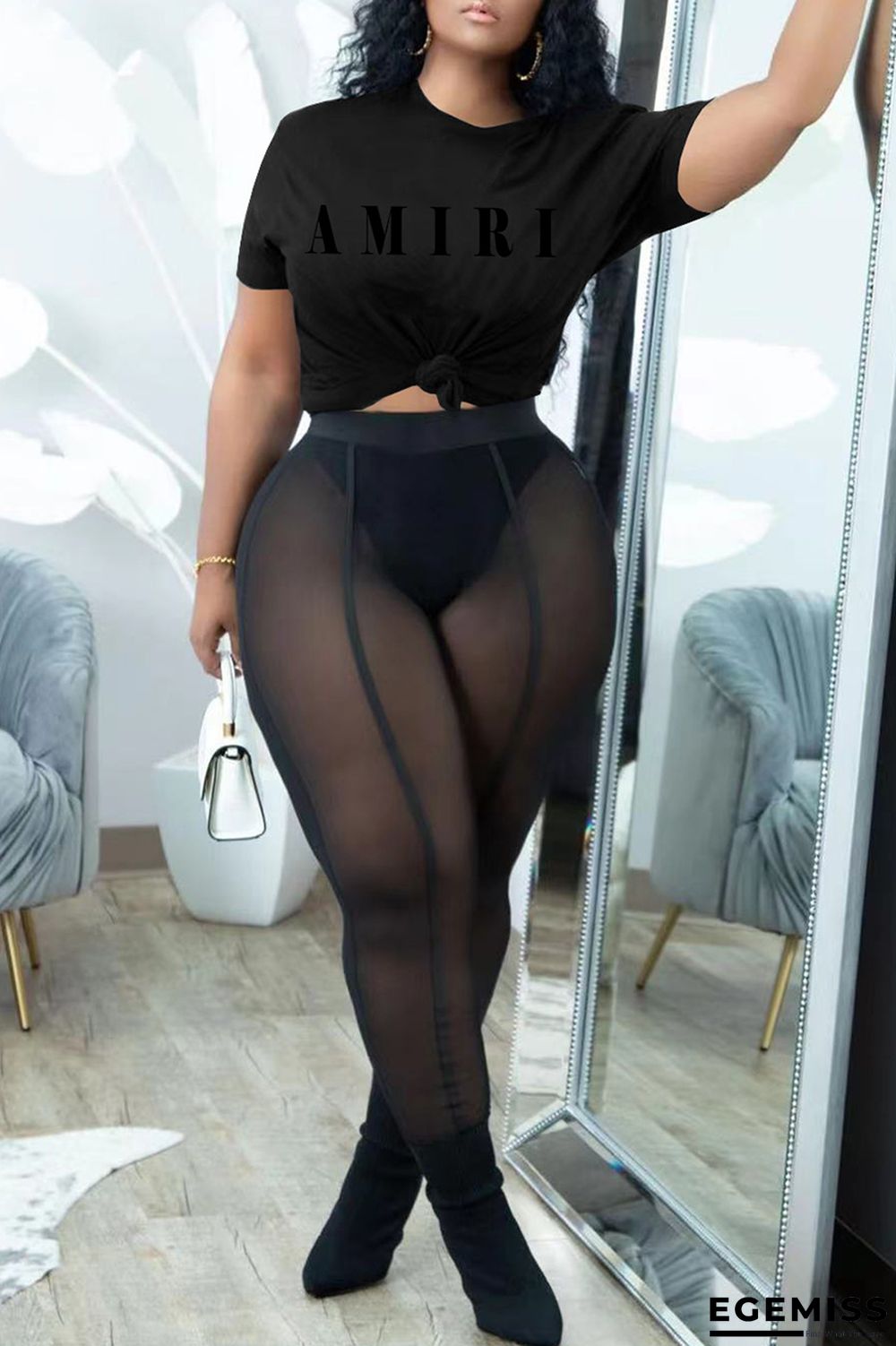 Black Fashion Casual Letter Print See-through O Neck Short Sleeve Two Pieces | EGEMISS