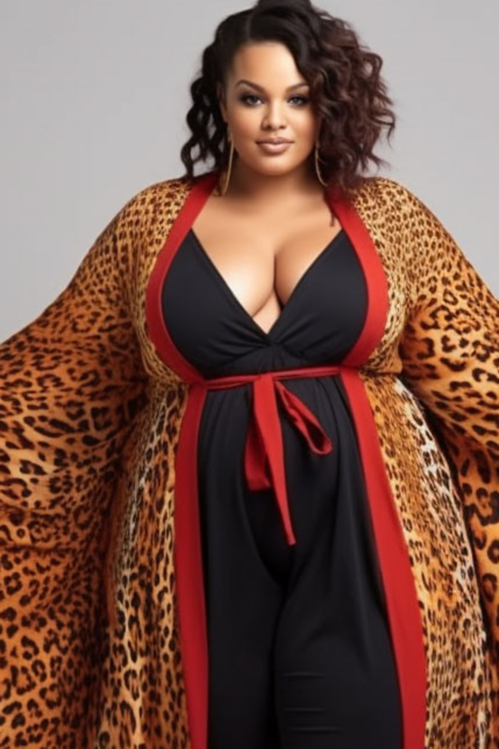Design Plus Size Beach Brown Leopard Cardigans Long Sleeve Kimono Cover Ups [Pre-Order]