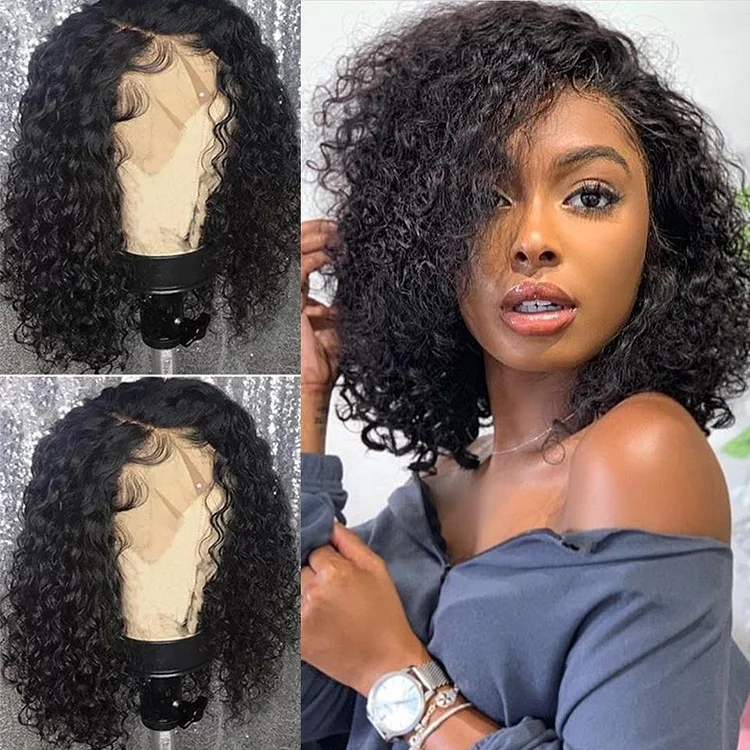 Brazilian Deep Curly Short Bob Wigs  Lace Front Human Hair Wigs Lady Wig