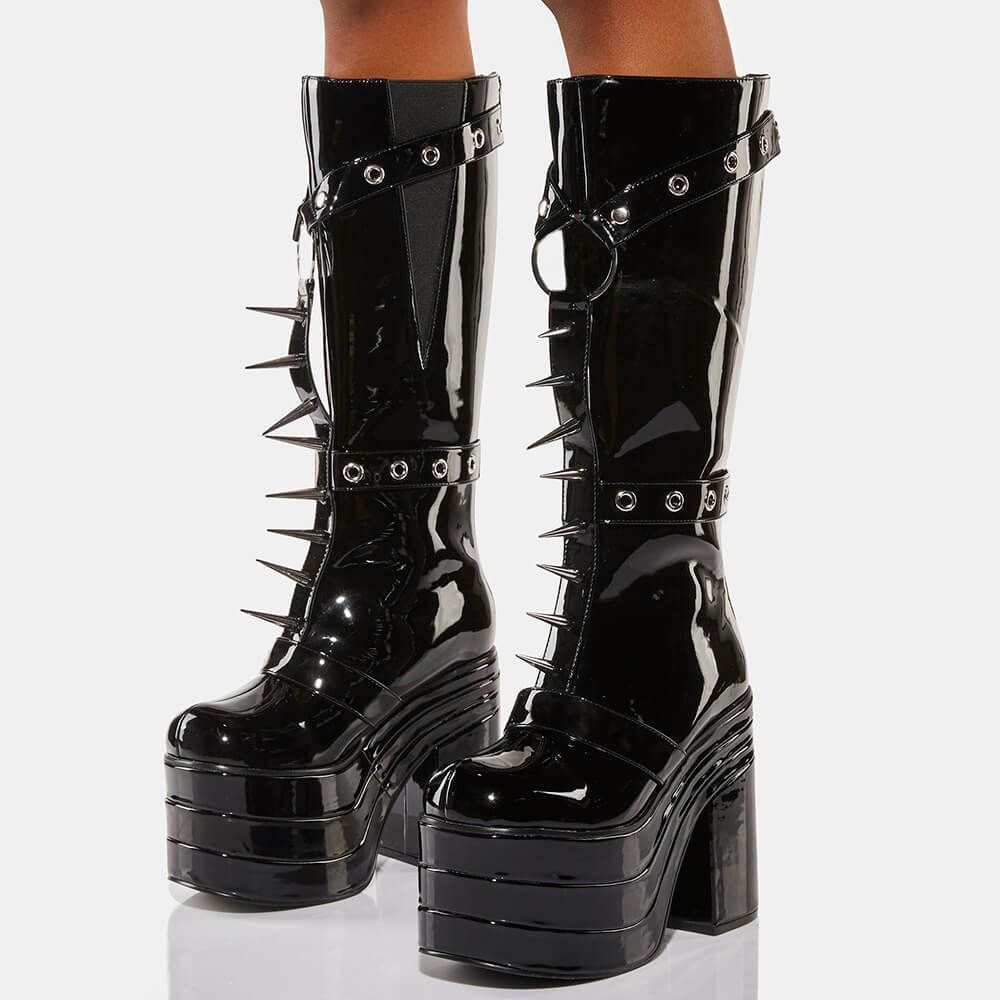 Black Knee Boots Patent Leather Platform Knee Boots Studded Knee Boots Nicepairs