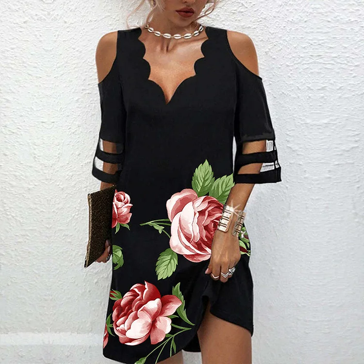 Women Loose V Neck Hollow Out Mesh Patchwork Casual Dress