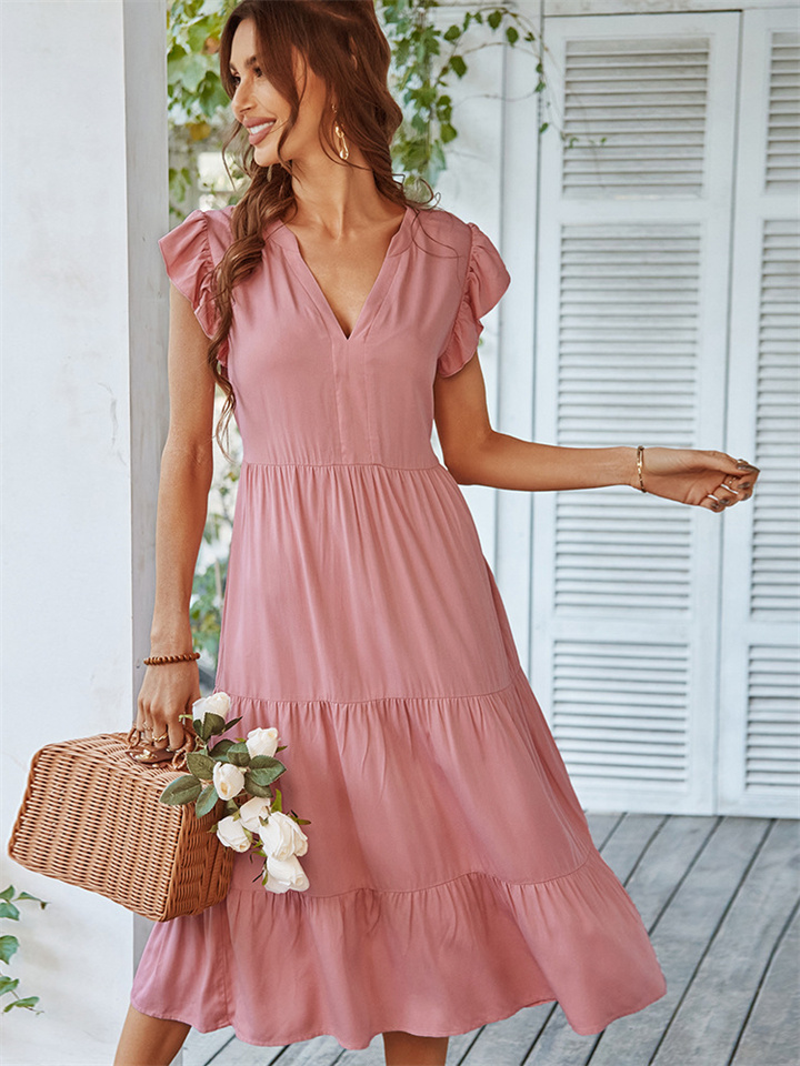 V Collar Sexy Solid Color Leisure Holiday Dress