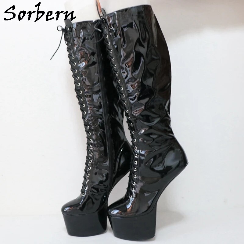 VCSHOES Black Shiny Knee High Boots Women Heelless Visible Platform Fetish Boots For Drag Queen Custom Wide Slim Leg Fit