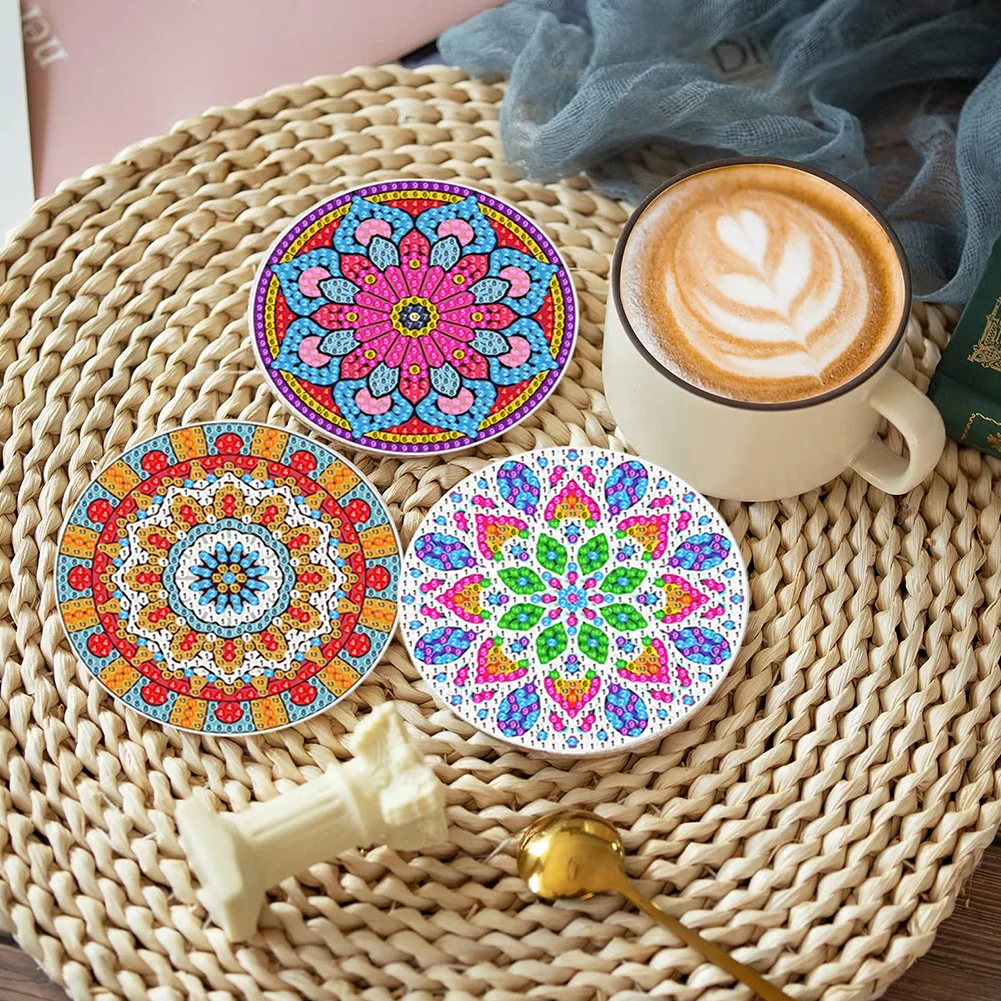 8pcs DIY Mandala Pattern Acrylic Single Sided Diamond Painting Art Coasters Kits with Holder