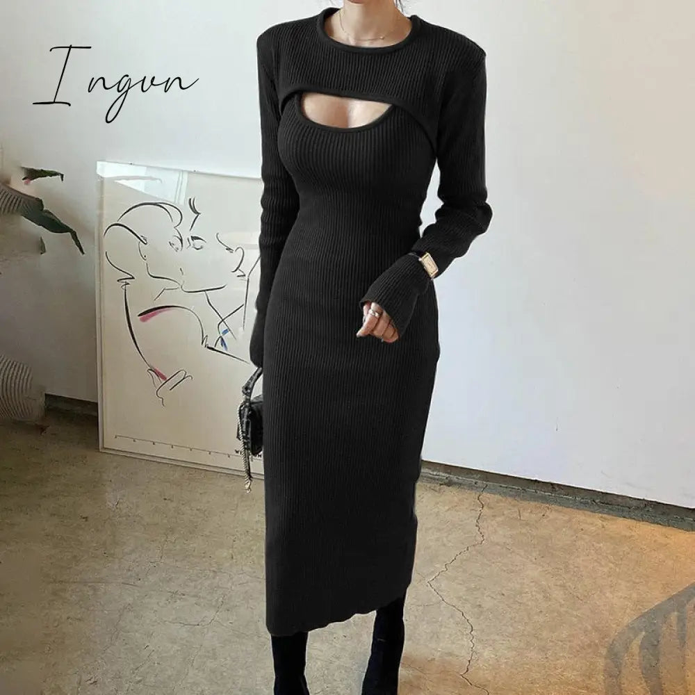 Ingvn - Knitted Women Clothing Bodycon Vintage Dresses Hollow Out Long Sleeve Slim Dress Party