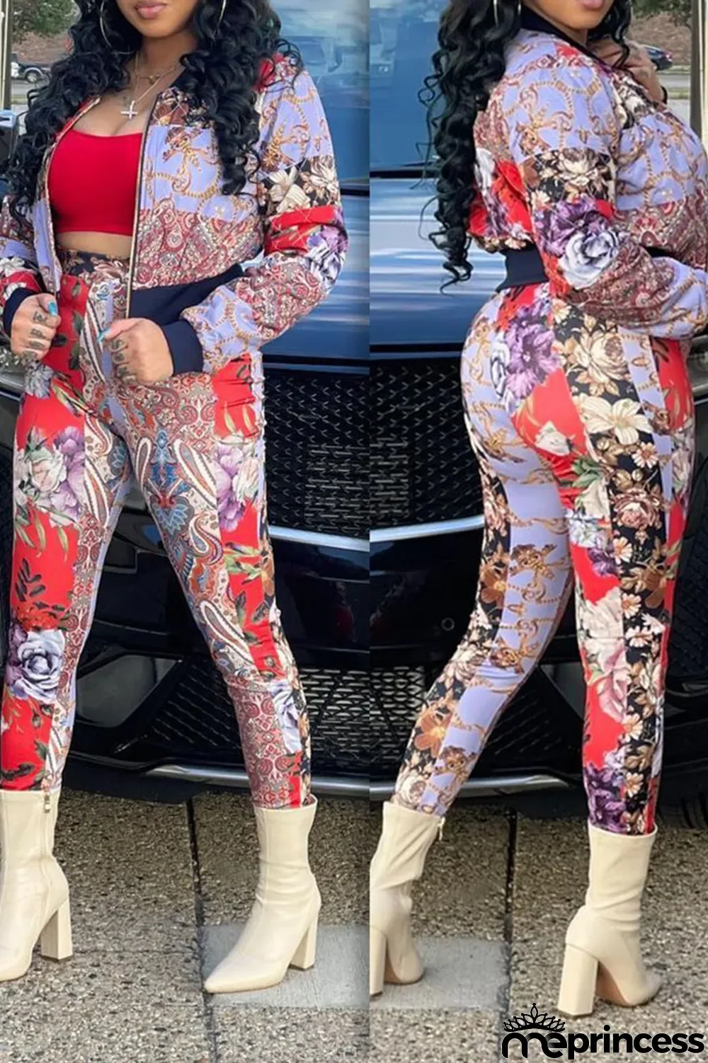 Multi-color Casual Print Split Joint Zipper Zipper Collar Long Sleeve Two Pieces