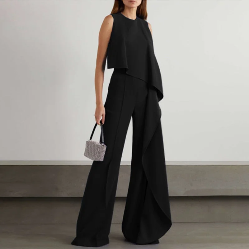 Celmia Summer Asymmetrical Jumpsuits O-neck Fashion Sleeveless Women Wide Leg Pant Overalls Ruffles Holiday Casual Long Rompers