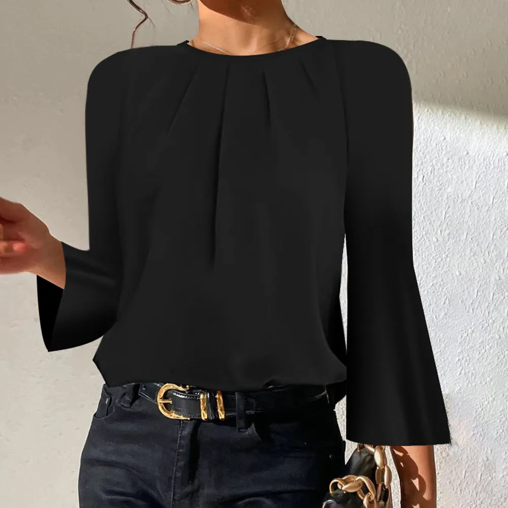 Elegant Round Neck Long Sleeve Plain Top