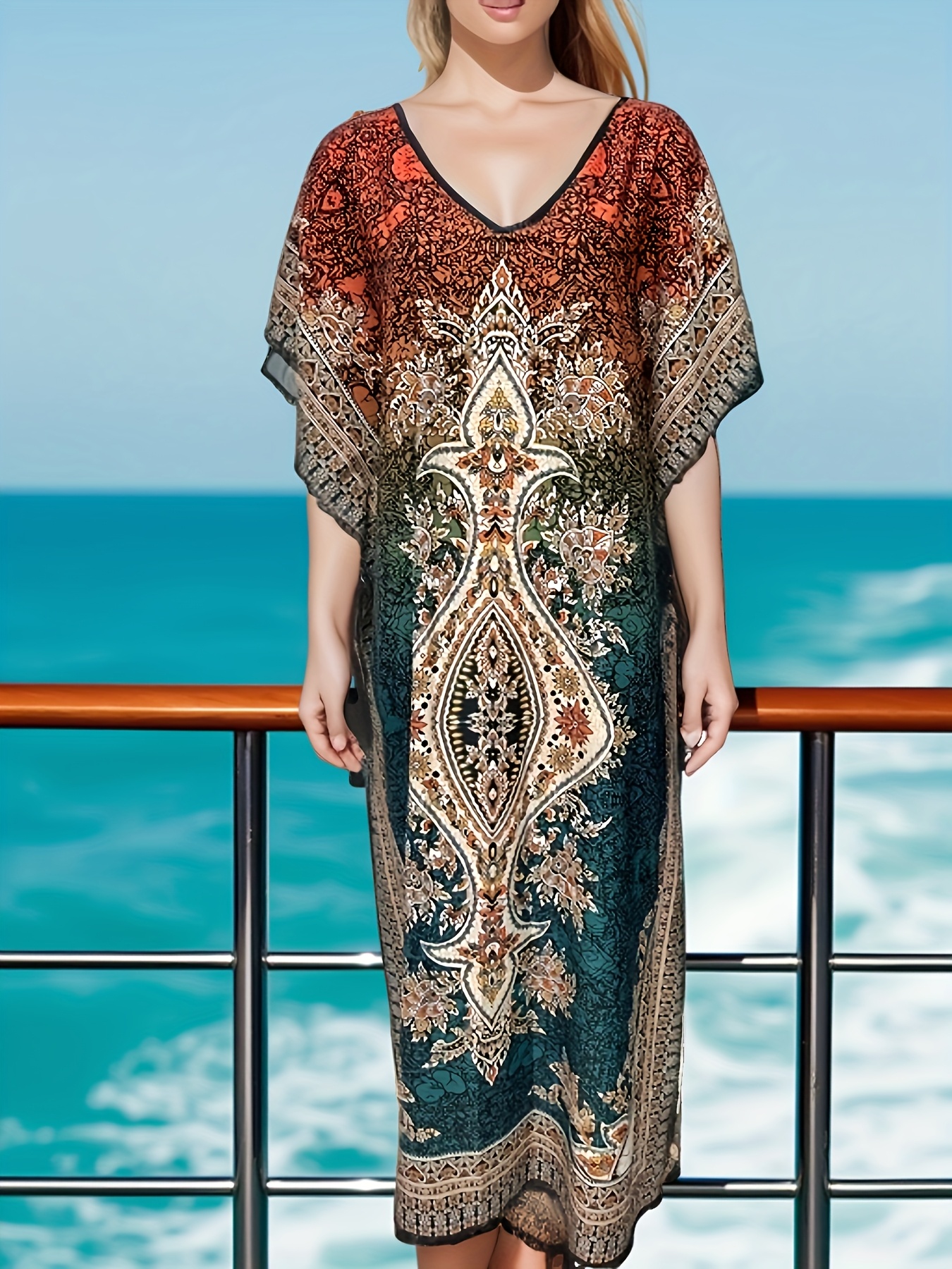 Women's Plus Size Bohemian Beach Cover Up - Long Sleeve V-Neck Sweater dress, Non-See-Through Quick-Dry Wrap in Teal Green/Orange/Brown/Black/White/, for Poolside, Vacation, Casual Outfits - Breathable Lightweight Swimwear Shirt, Poolside Apparel