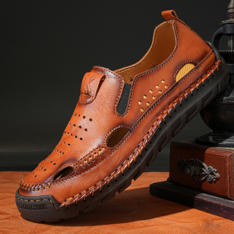 Men's Genuine Leather Breathable Holes Slip-On Sandals | ARKGET