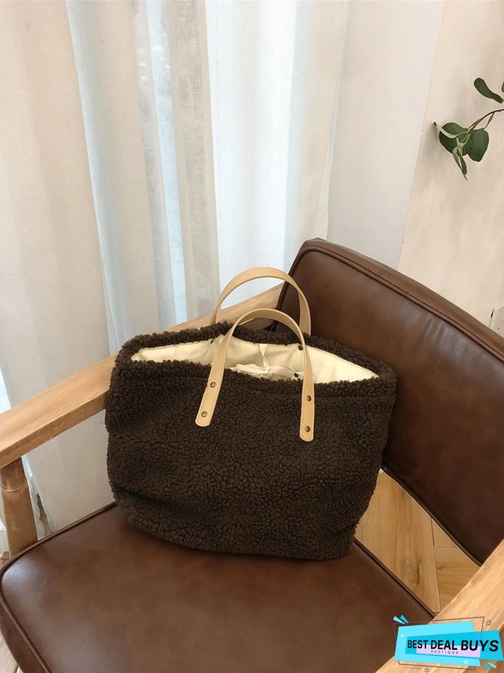 Pure Color Lambswool Large Capacity Handbag
