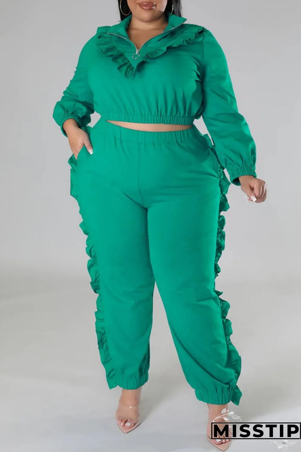 Black Casual Solid Patchwork Zipper Collar Plus Size Two Pieces