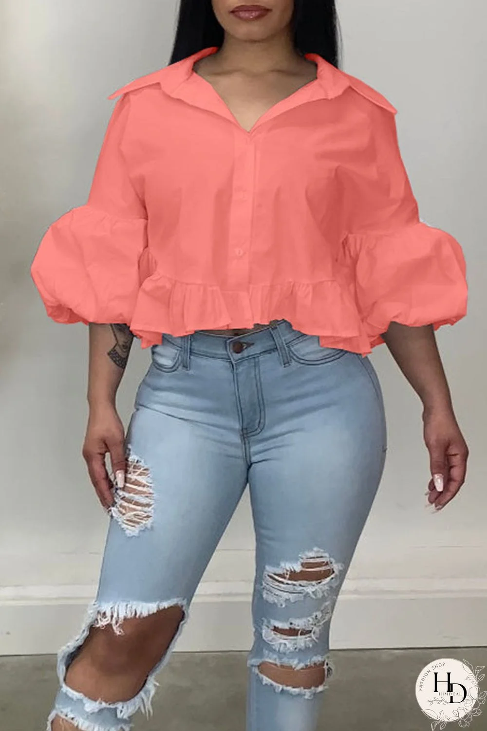 Pink Casual Solid Split Joint Buckle Turndown Collar Tops