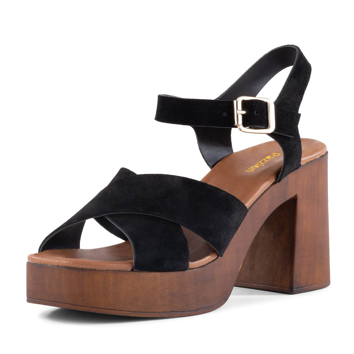 Round Toe Cross Strap Chunky High Heel Black Platform Sandals Nicepairs