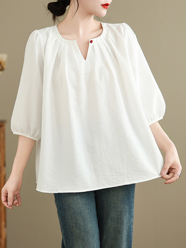 V Neck Puff Sleeve Solid Color Loose Top