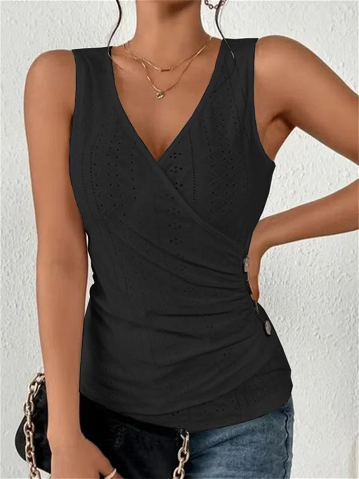 Spring and Summer New Women's Sexy Slim Solid Color V-neck Button Overhead Short-sleeved T-shirt Sleeveless Tank Top Sexy Hot Girl Style-Mixcun