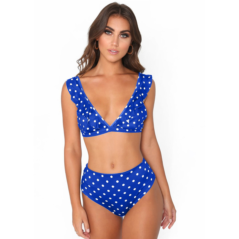 Mature Women Polka Dot Print Swimsuit Deep V-neck Bikini Set Summer Beach