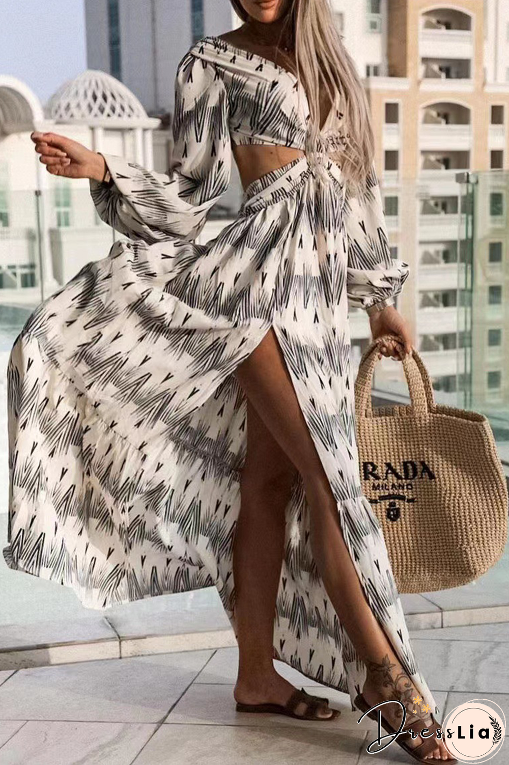 Fashion Print Hollowed Out V Neck Irregular Dress Dresses