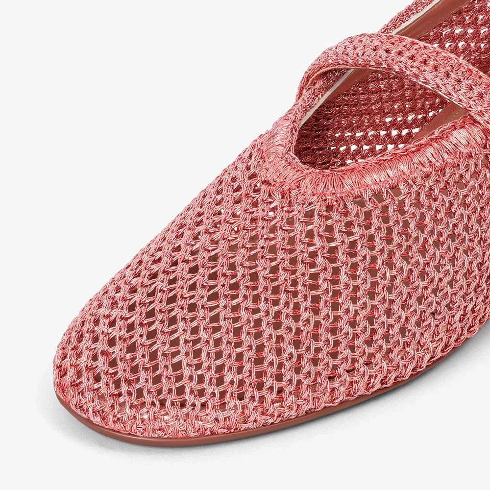 Simple Mesh Round Toe Buckle Strap Mary Jane Flats in Pink