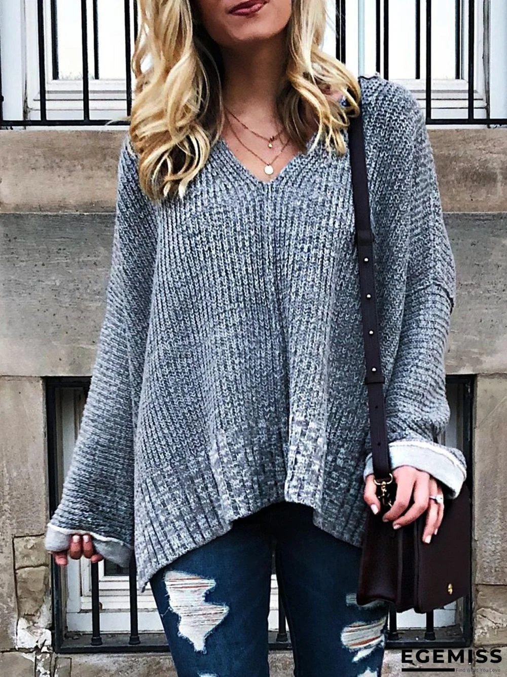 Gray Long Sleeve Cotton-Blend Sweater | EGEMISS