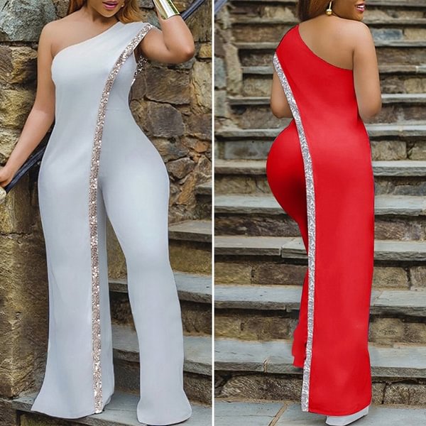 S-5XL Women Sleeveless One Shoulder Sexy Jumpsuits Wide Leg Long Trousers Elegant Party Palazzo Pants Playsuits Pantalon Femme - Shop Trendy Women's Fashion | TeeYours