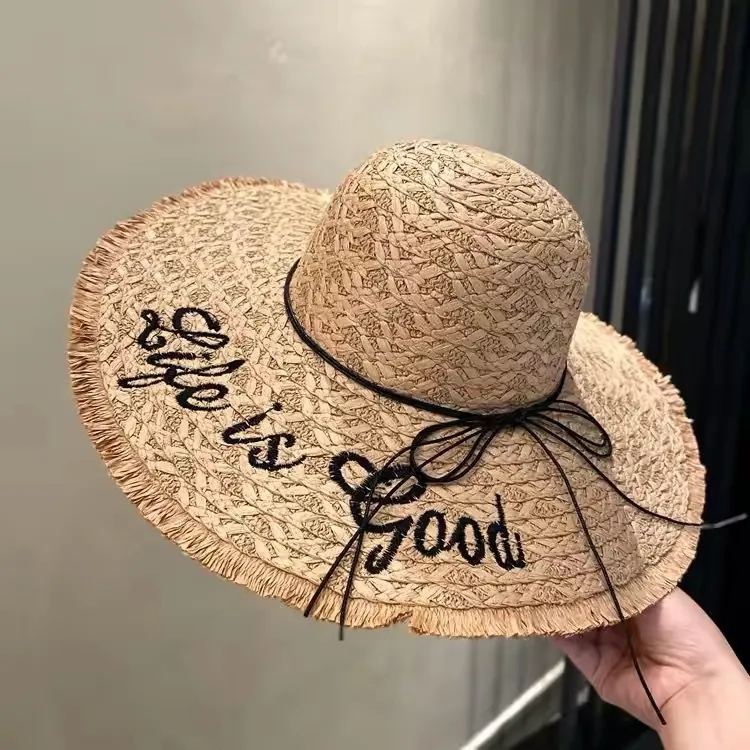 Raffia Straw Hat for Women, Suitable for Summer Beach Photos, Sun Protection Hat with Large Brim-MERUMOTE