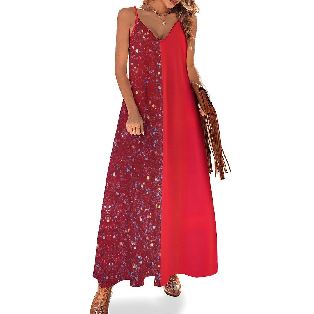 Style & Comfort for Mature Women Plus Size Printed Sling Casual Women Maxi Dress in Pattern Red, Glitter, Patchwork