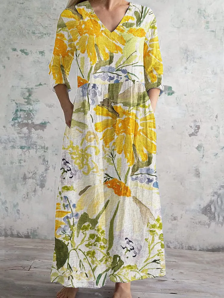 Women's Floral Embroidery Boho Dress - Short Sleeve V-Neck Cotton Linen Vintage Beach Dress - View #5