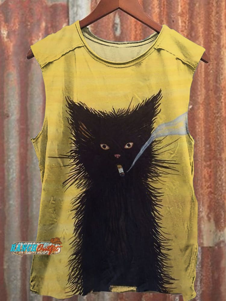 Unisex Smoking Black Cat Art Print Casual Tank Top Multicolor / S