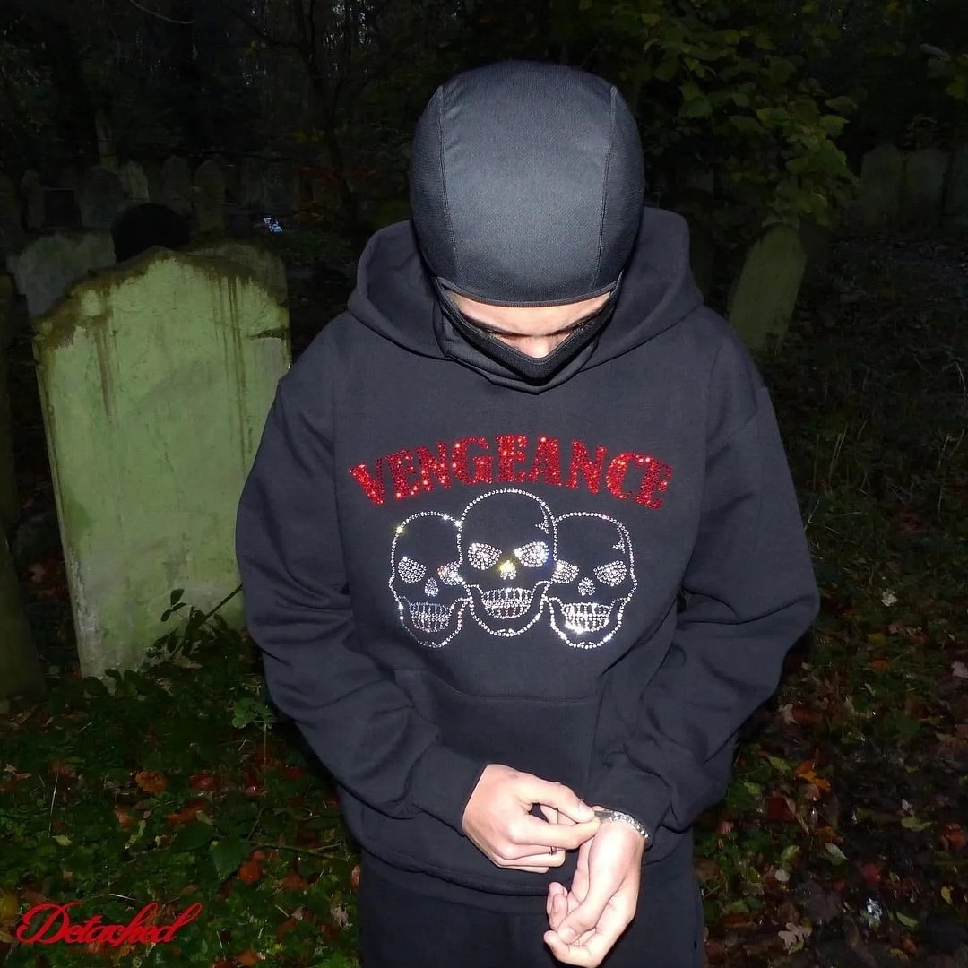 Rhinestone Skull Men's Black Oversized Hoodie Sweatshirts-VESSFUL