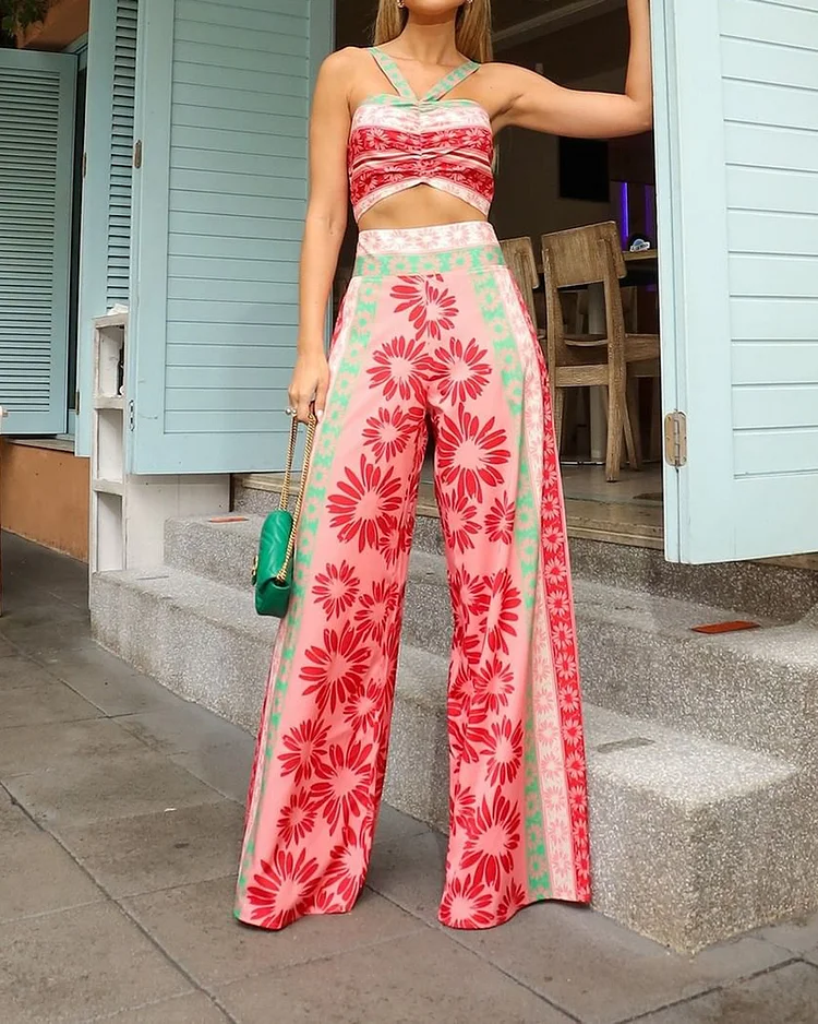 Camisole Straight Pants Printed Two-Piece Set