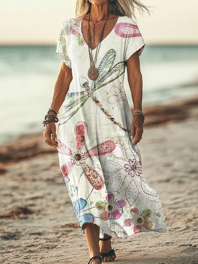 Women's Vintage Dragonfly Art Print Pocket Cotton Dress