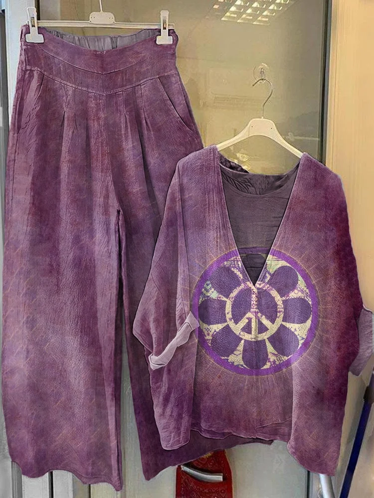 Women's Hippie Pattern Art Print V-Neck Top Wide Leg Pants Cotton Set