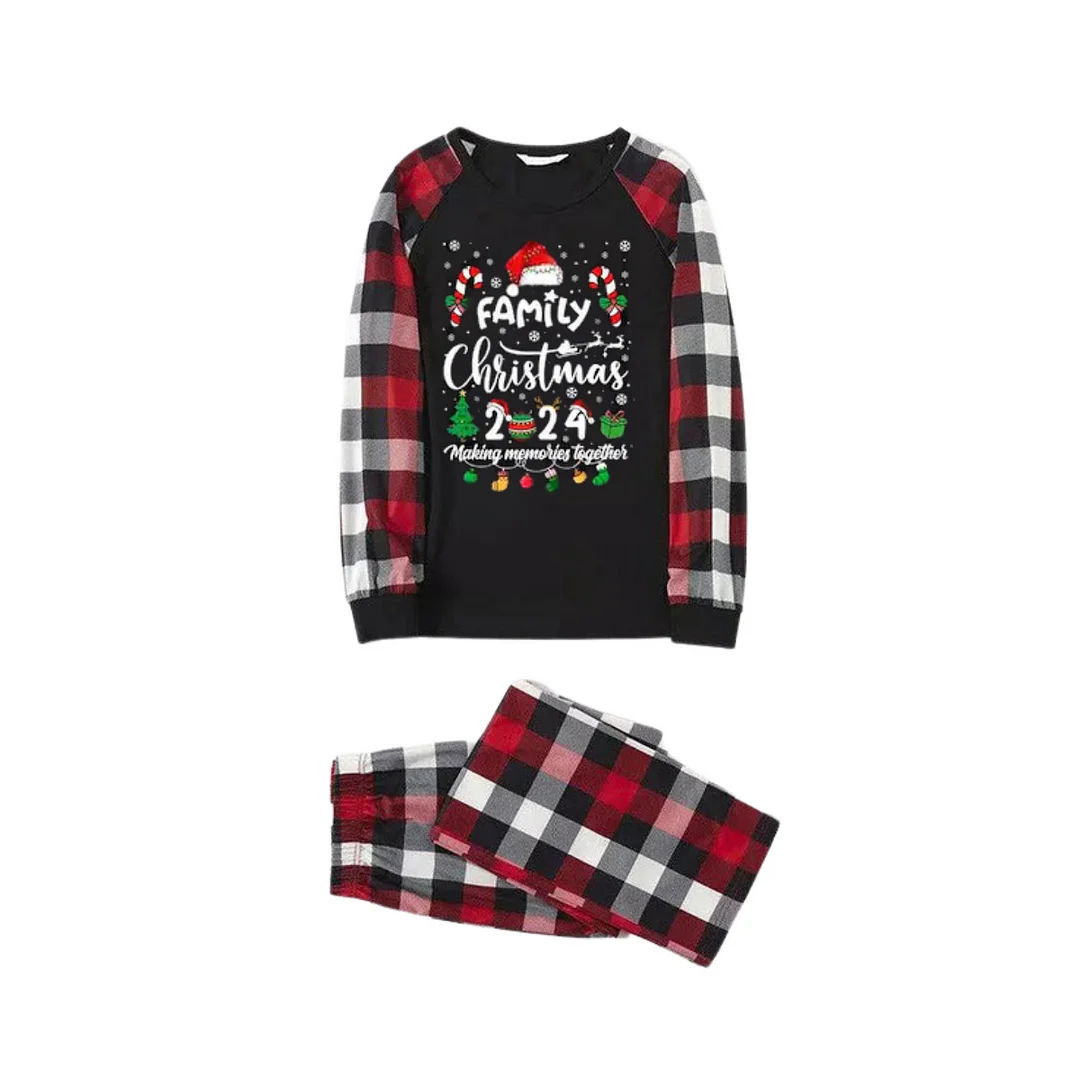"FAMILY CHRISTMAS 2024 Making Memories Together" with Various Christmas Decorations - Red&Black&White Plaid  Matching Pajamas