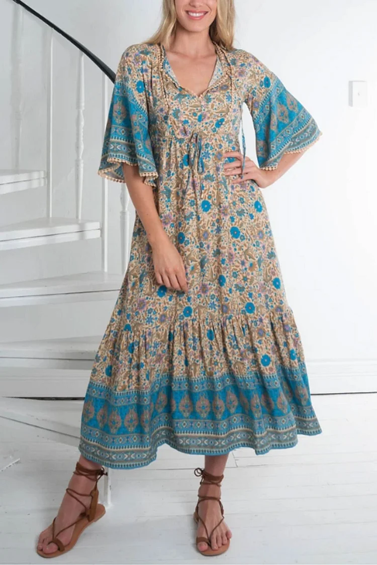 Luditu Midi Dress, Sundress, Kaftan Dress, Indian Flower in Blue