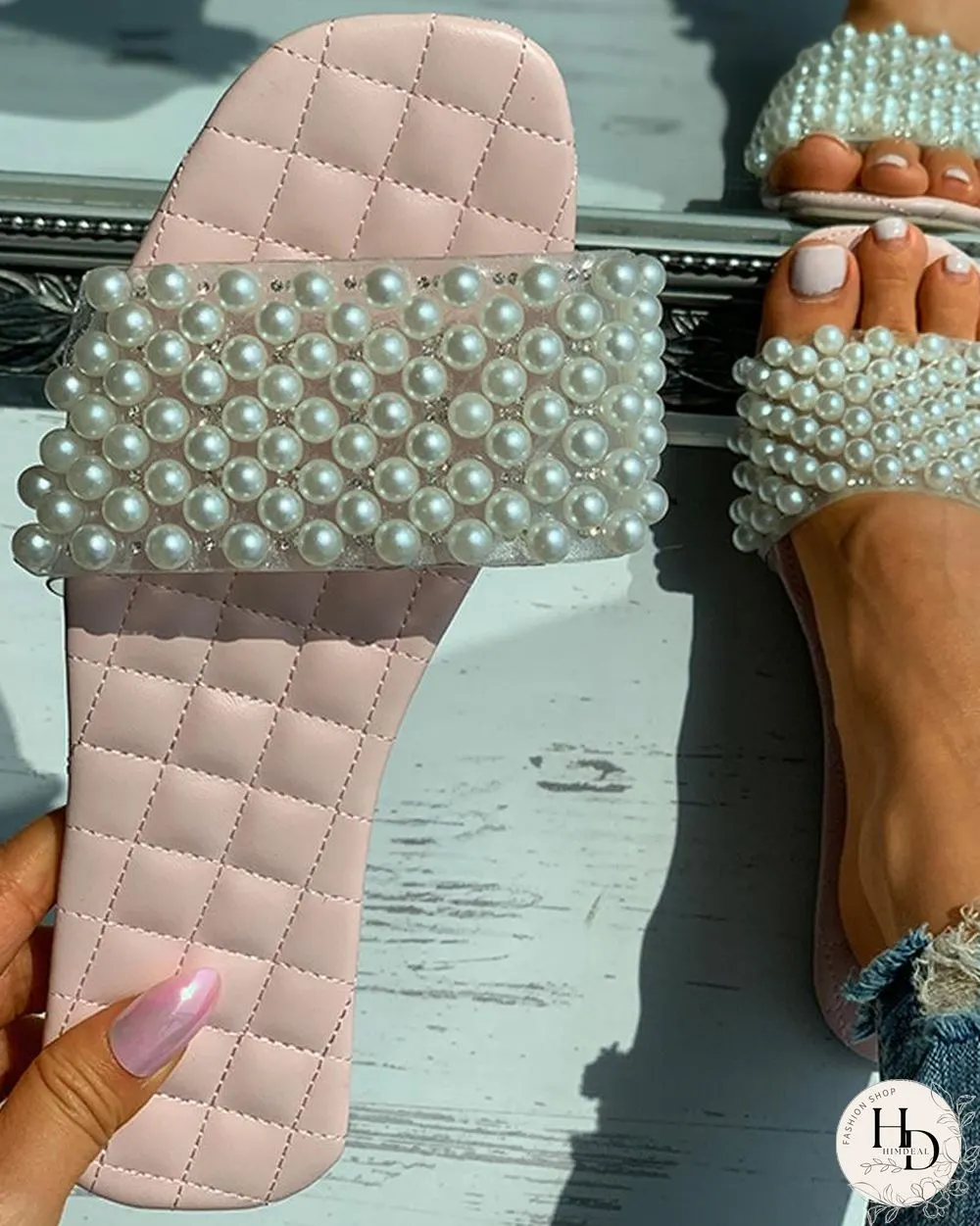 Quilted Beaded Decor Square Toe Slide Sandals