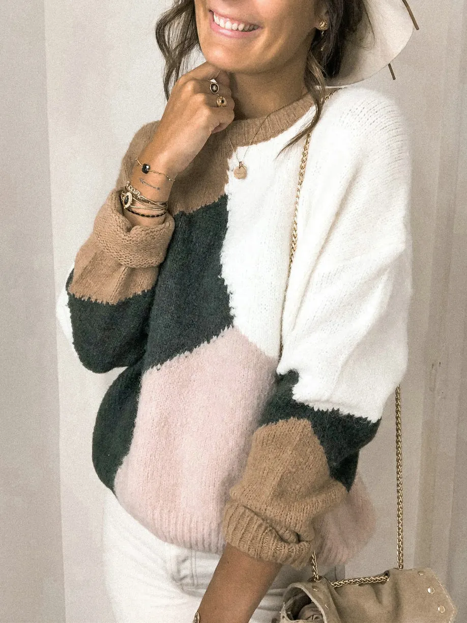 Sweaters Round Neck Contrast Stitching Knitted Sweater for Women