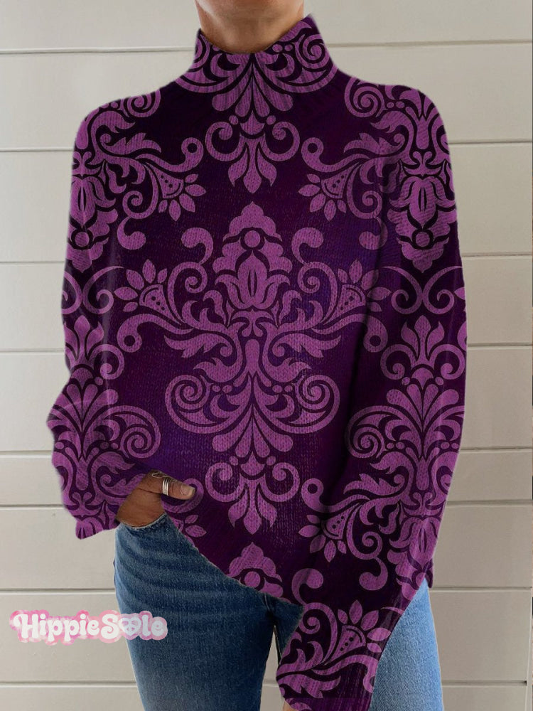 Vintage Floral Pattern Printed Knit Turtleneck Pullover Sweater Multicolor / S