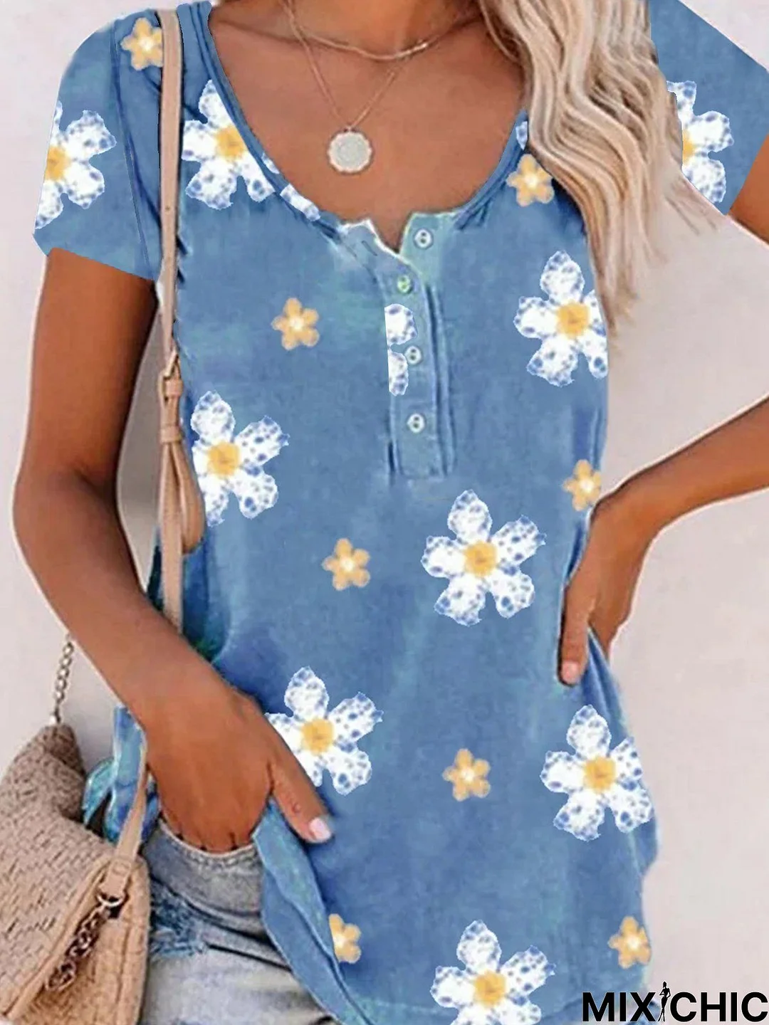 Floral Crew Neck Buttoned Short Sleeve Tunic T-Shirt