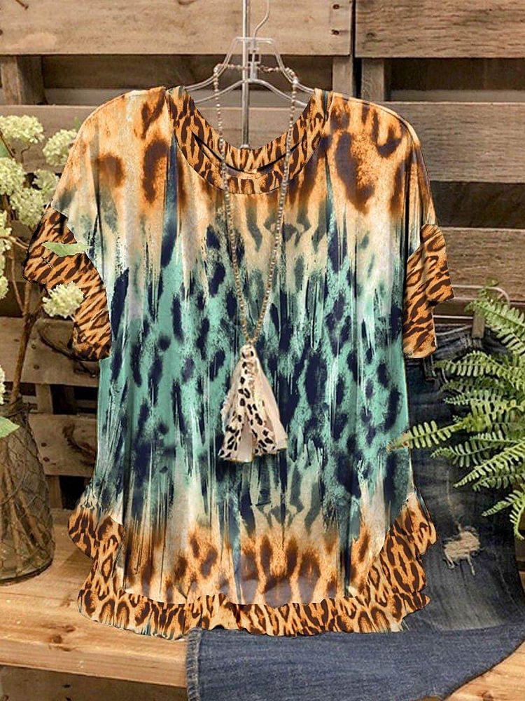 Women's Round Neck Leopard Print Loose Ruffle Short Sleeve Top