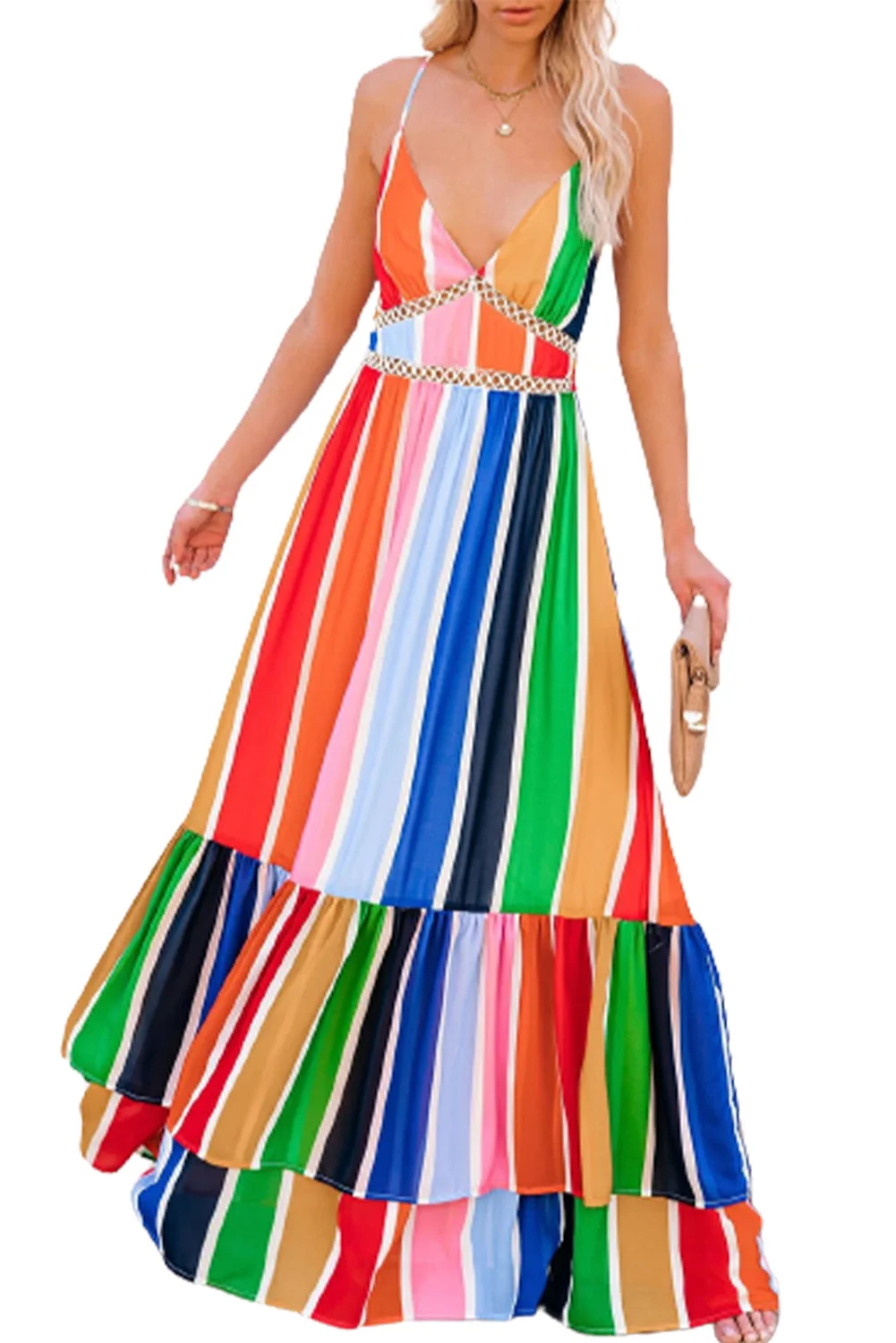 Women Multicolor Crochet Insert Multicolor Striped Maxi Dress