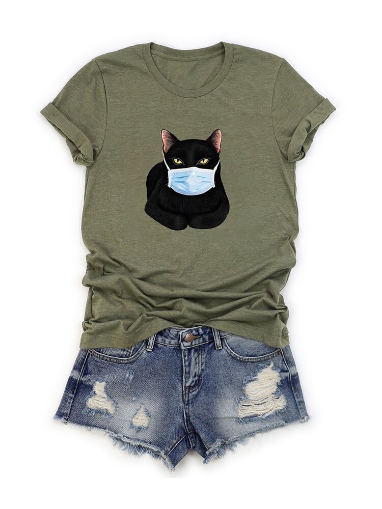 Cartoon Cat Printed Short Sleeve O neck T shirt P1658880