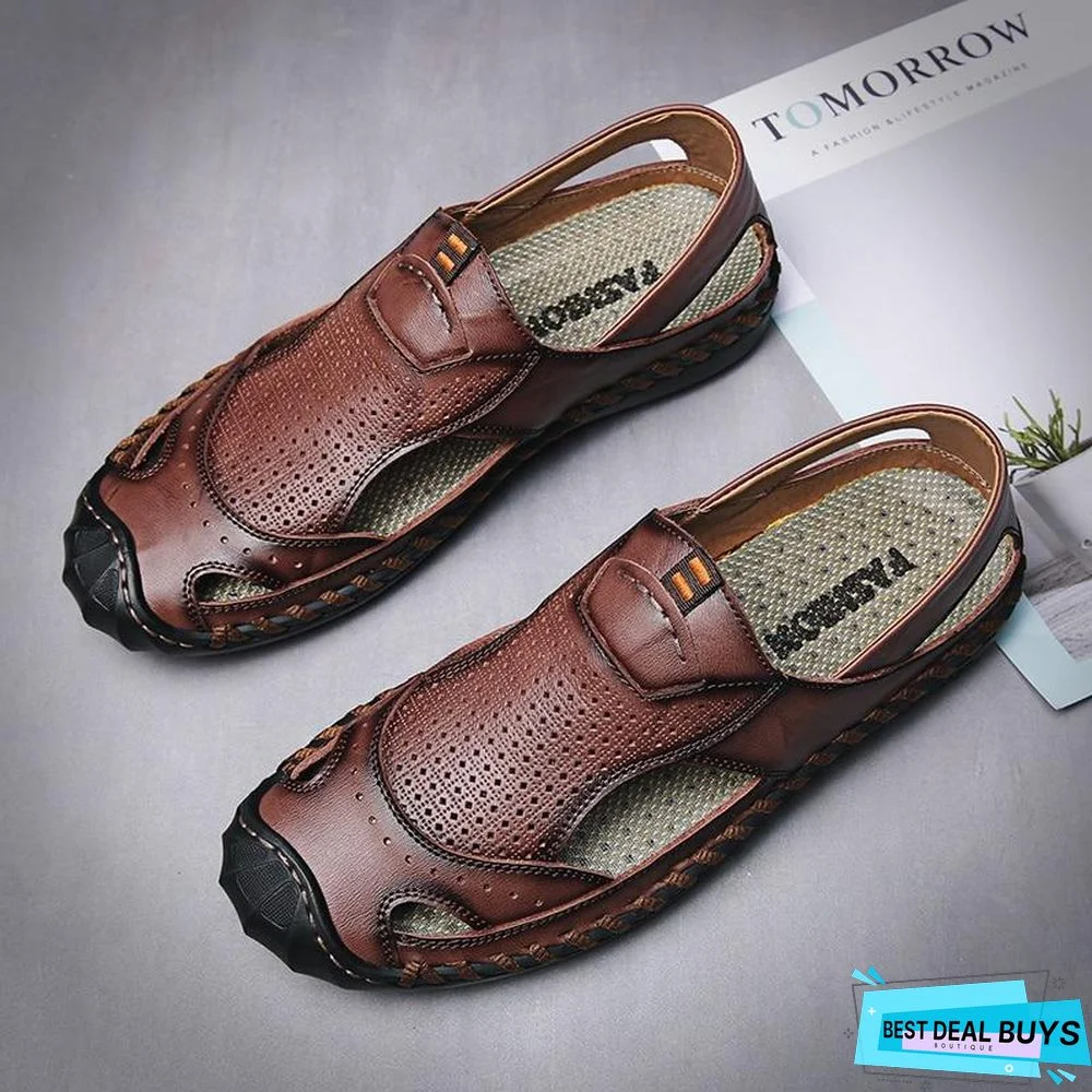 Men's Cow Leather Sandals Summer Beach Flat Non-Slip Sandals